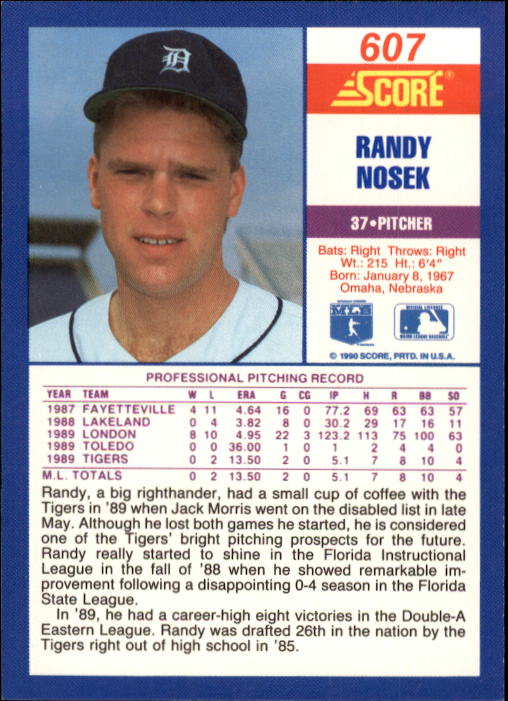 1990 Score #607 Randy Nosek RC back image