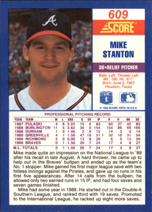 1990 Score #609 Mike Stanton RC back image