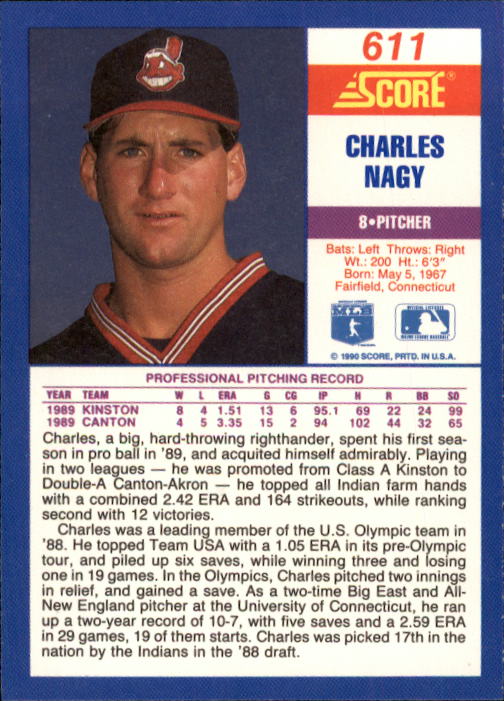 1990 Score #611 Charles Nagy back image