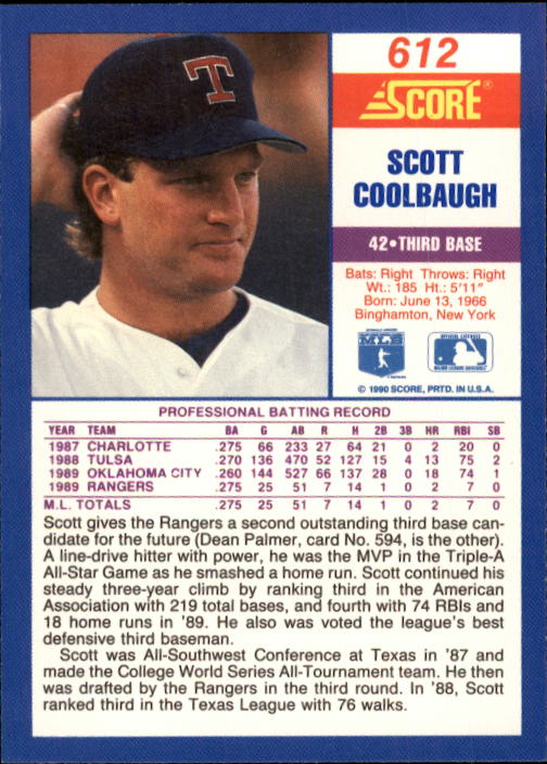 1990 Score #612 Scott Coolbaugh RC back image