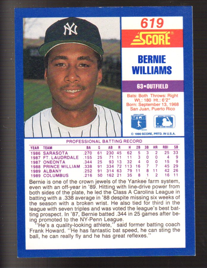 1990 Score #619 Bernie Williams RC back image