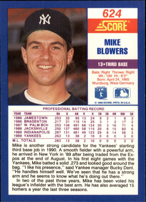 1990 Score #624 Mike Blowers RC back image