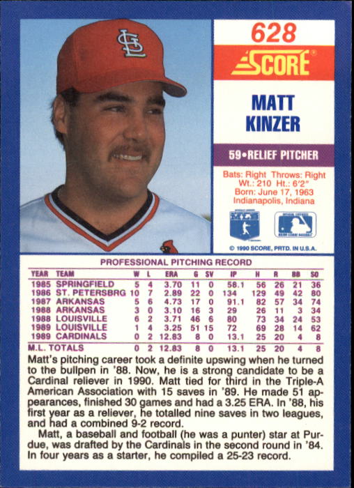 1990 Score #628 Matt Kinzer RC back image