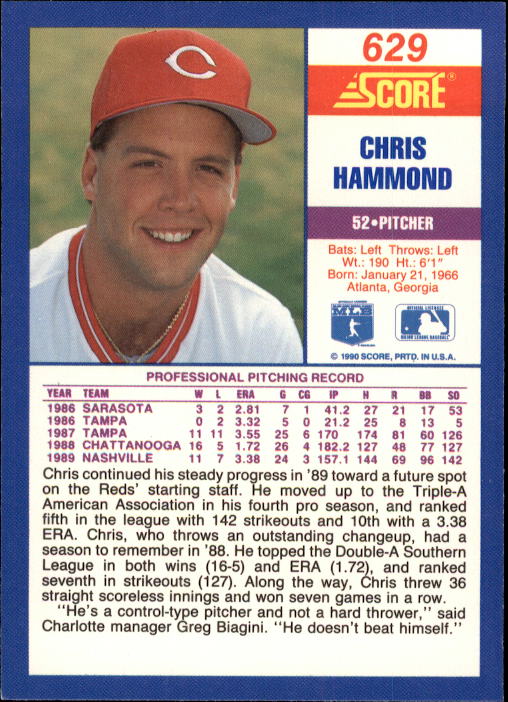1990 Score #629 Chris Hammond RC back image