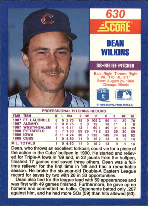 1990 Score #630 Dean Wilkins RC back image