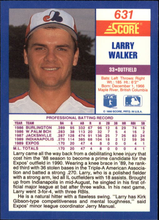 1990 Score #631 Larry Walker UER RC/Uniform number 55 on front/and 33 on back;/Home is Maple Ridge,/not Maple River back image