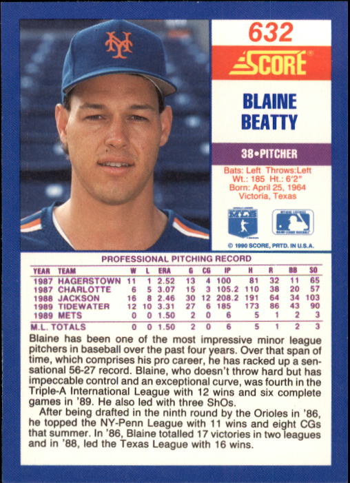 1990 Score #632 Blaine Beatty RC back image