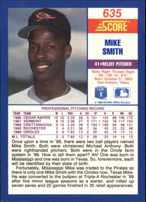 1990 Score #635 Mike Texas Smith RC back image