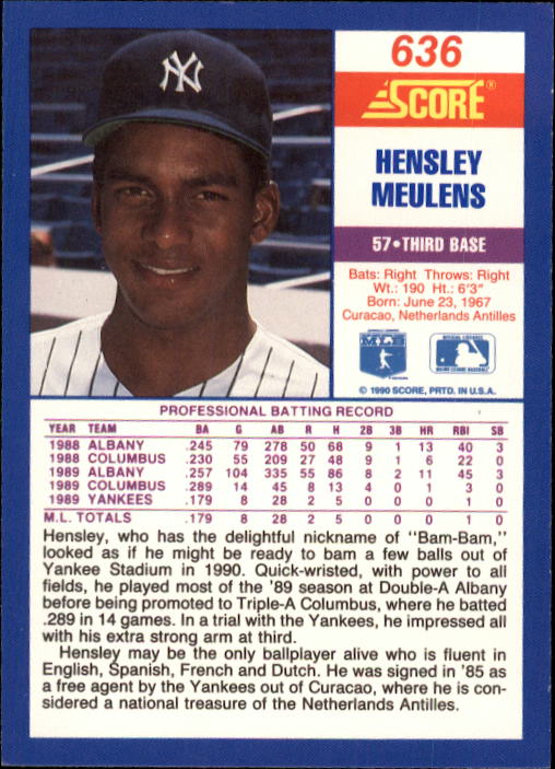 1990 Score #636 Hensley Meulens back image