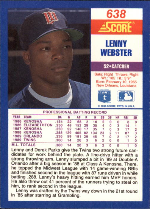 1990 Score #638 Lenny Webster RC back image