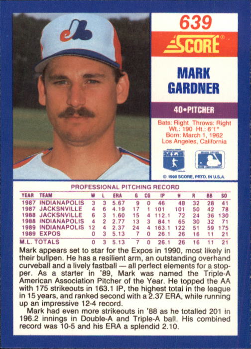 1990 Score #639 Mark Gardner RC back image