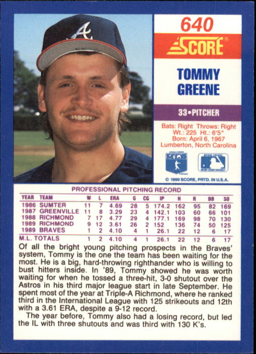 1990 Score #640 Tommy Greene RC back image