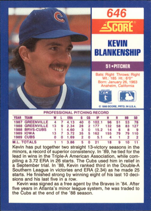 1990 Score #646 Kevin Blankenship back image
