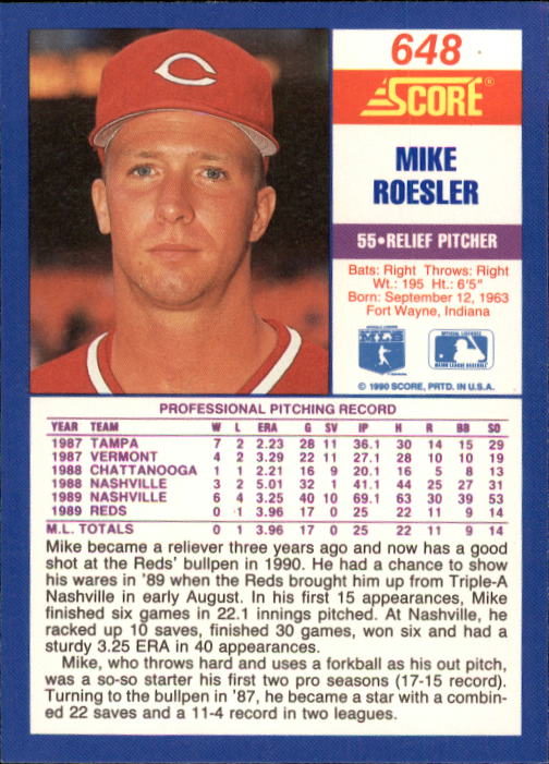 1990 Score #648 Mike Roesler RC back image