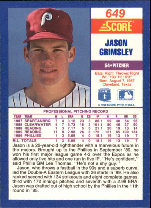 1990 Score #649 Jason Grimsley RC back image