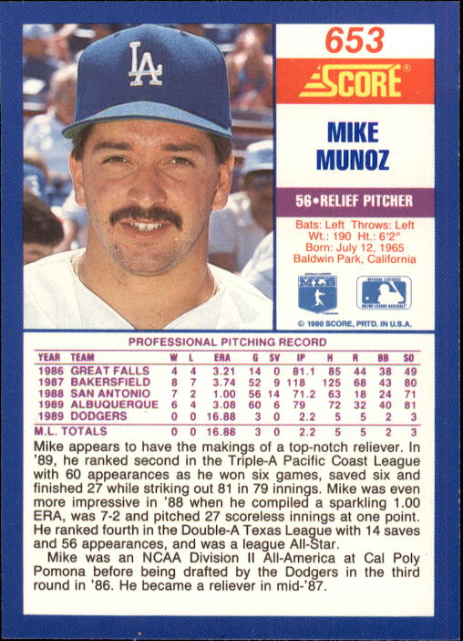 1990 Score #653 Mike Munoz RC back image