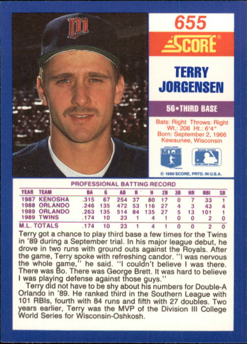 1990 Score #655 Terry Jorgensen RC back image