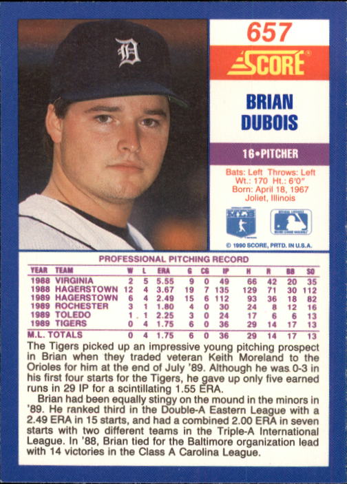1990 Score #657 Brian DuBois UER RC/Misspelled Dubois/on card back image