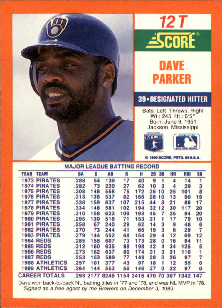 1990 Score Rookie/Traded #12T Dave Parker - NM-MT - Baseball Card