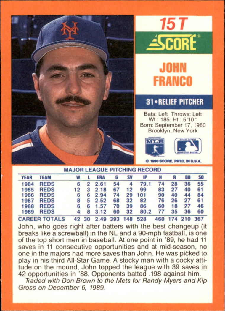 1990 Score Rookie/Traded #15T John Franco back image