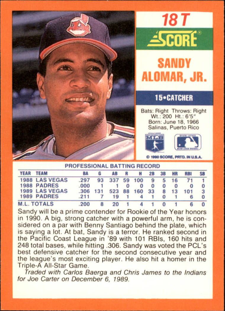 1990 Score Rookie/Traded #18T Sandy Alomar Jr. back image