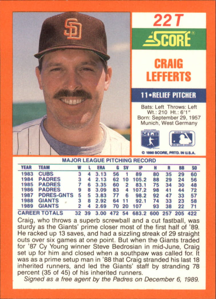 1990 Score Rookie/Traded #22T Craig Lefferts back image