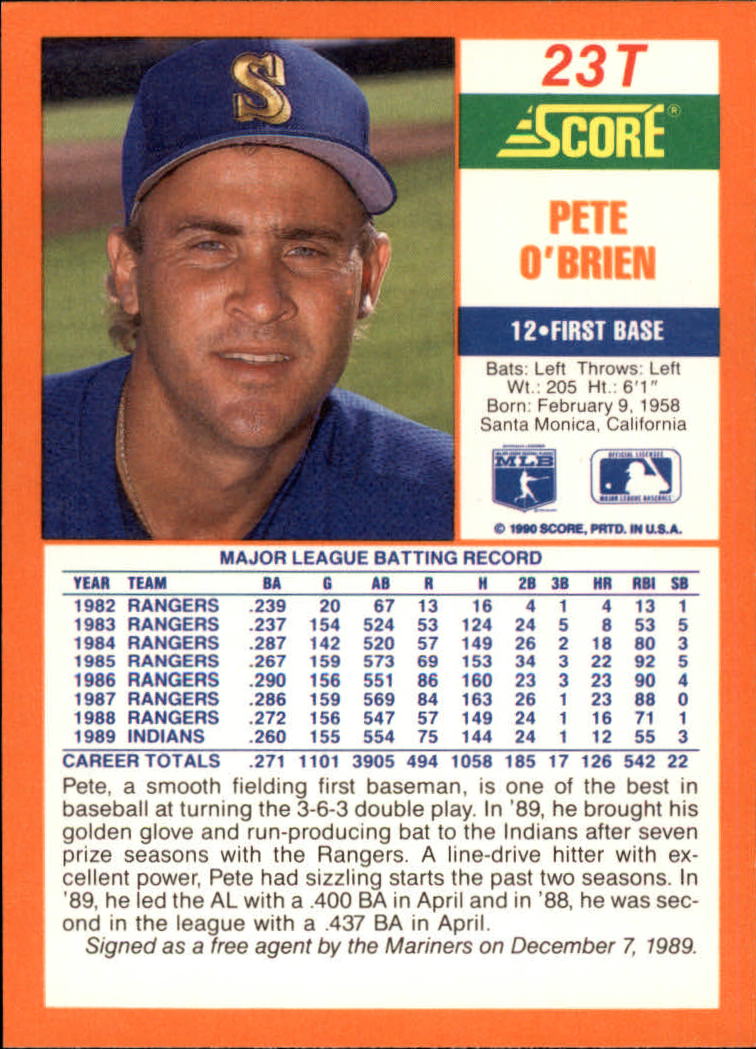 1990 Score Rookie/Traded #23T Pete O'Brien back image