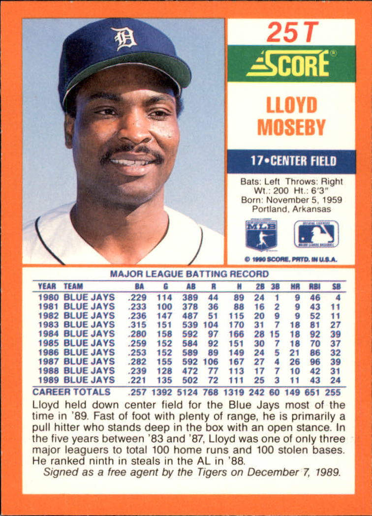1990 Score Rookie/Traded #25T Lloyd Moseby back image