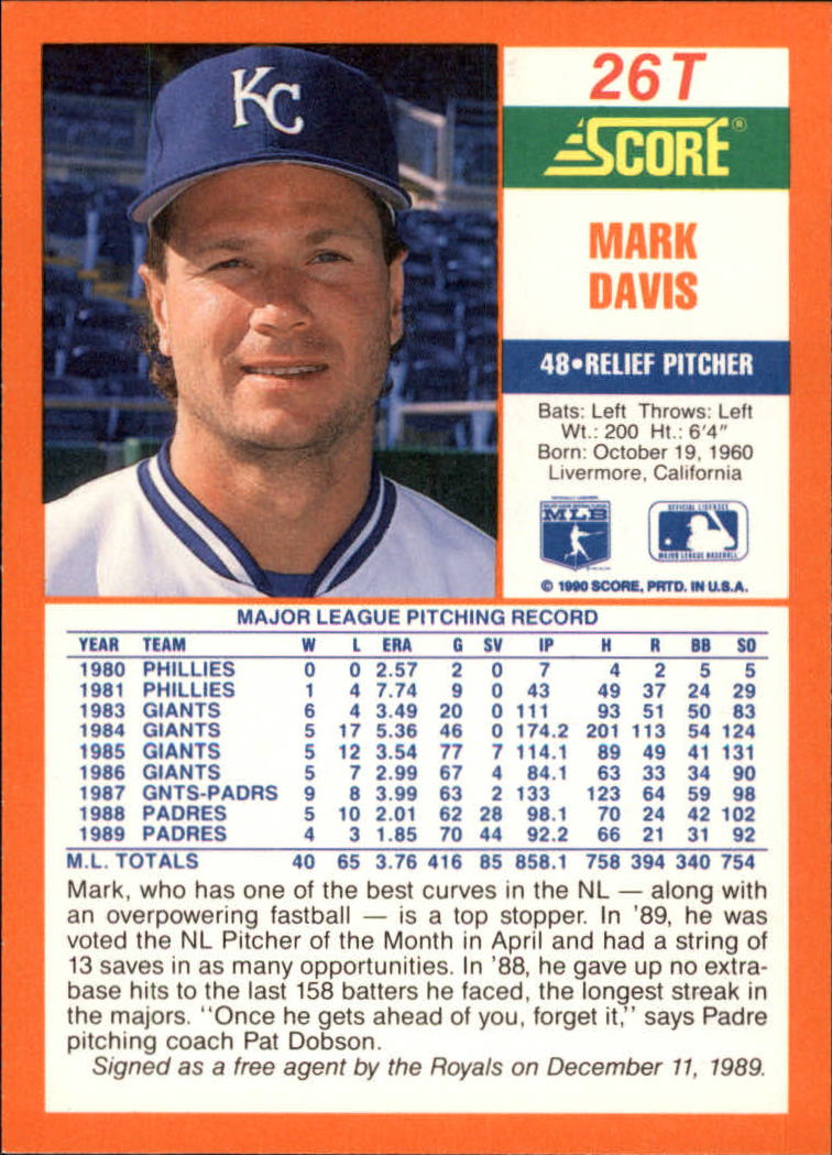 1990 Score Rookie/Traded #26T Mark Davis back image