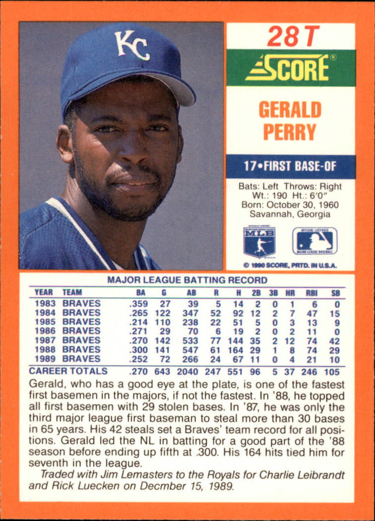1990 Score Rookie/Traded #28T Gerald Perry back image