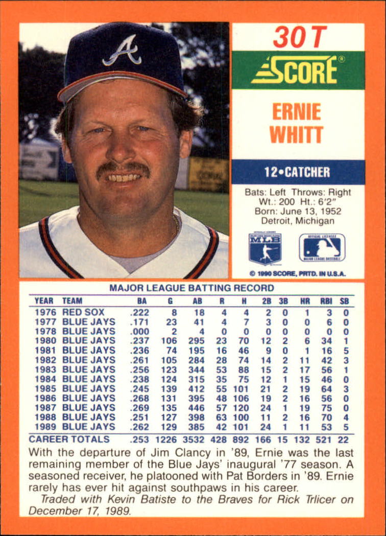 1990 Score Rookie/Traded #30T Ernie Whitt back image