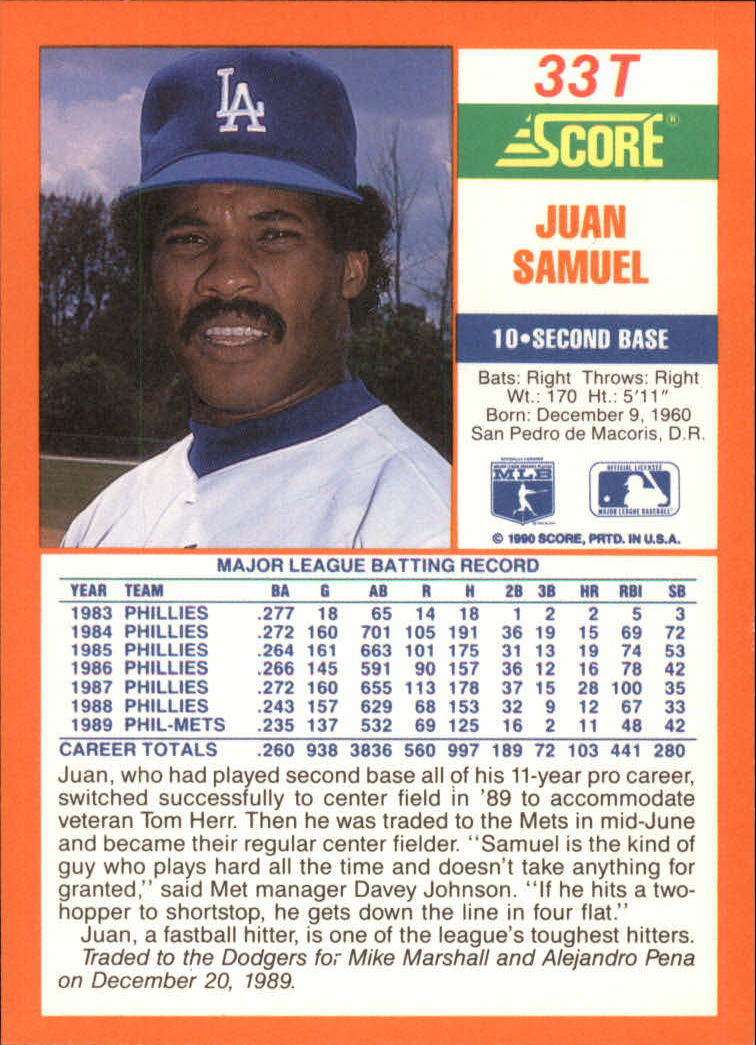 1990 Score Rookie/Traded #33T Juan Samuel back image