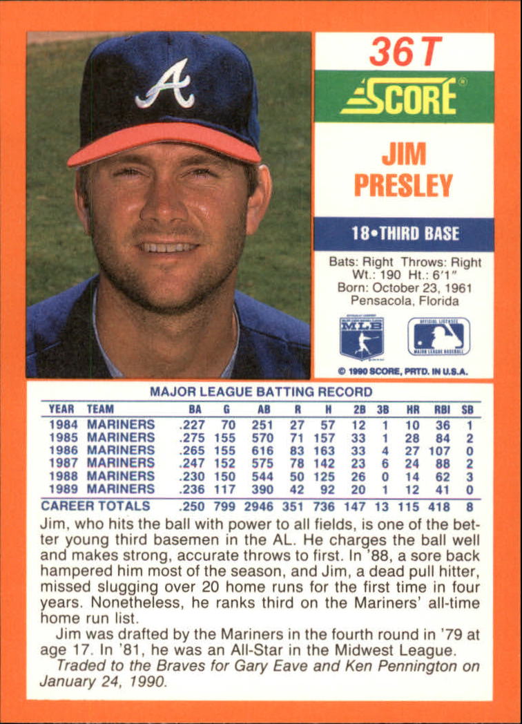 1990 Score Rookie/Traded #36T Jim Presley back image
