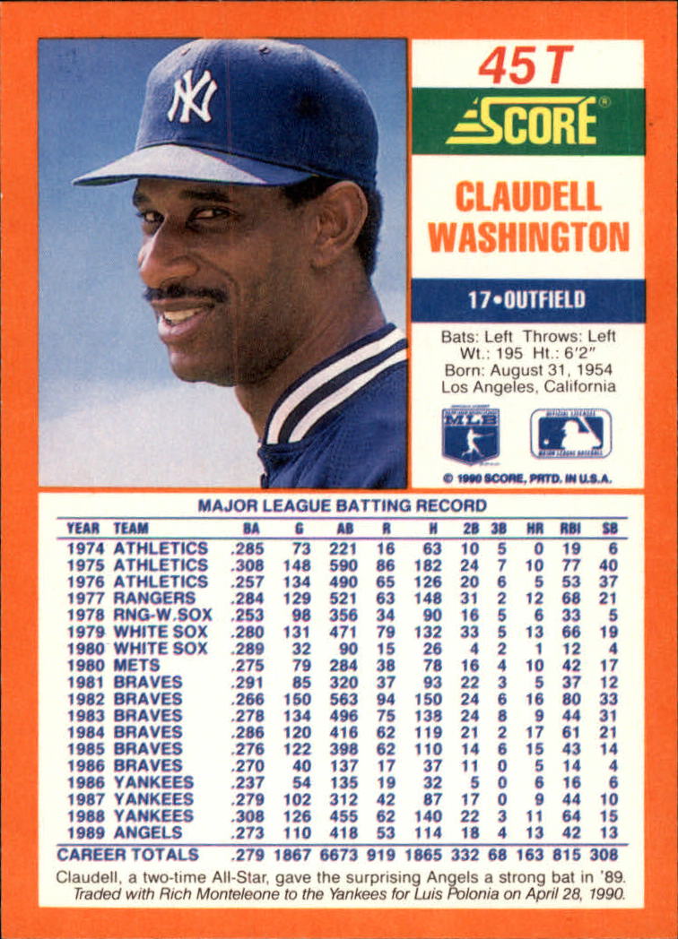 1990 Score Rookie/Traded #45T Claudell Washington back image