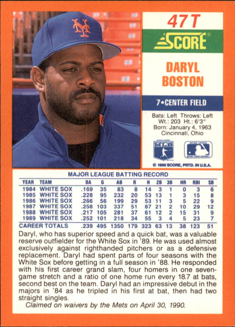 1990 Score Rookie/Traded #47T Daryl Boston back image