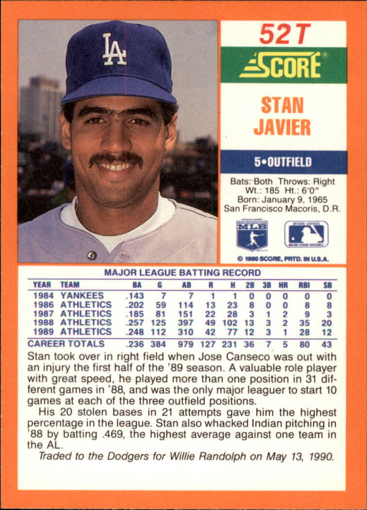 1990 Score Rookie/Traded #52T Stan Javier back image