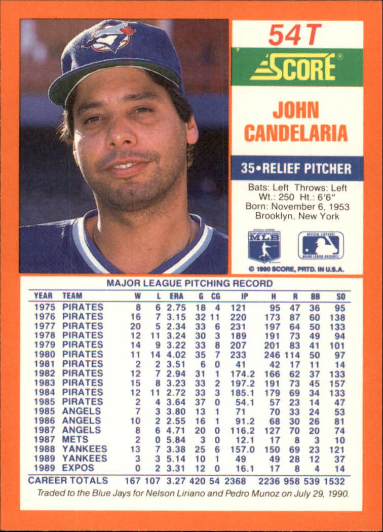 1990 Score Rookie/Traded #54T John Candelaria back image
