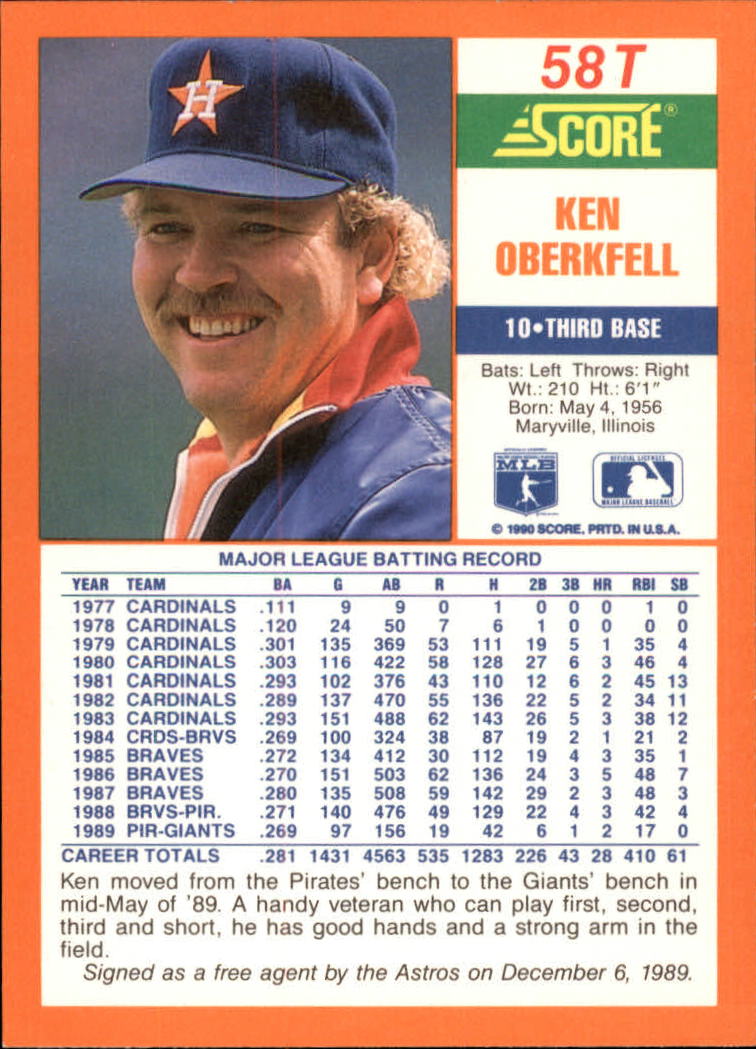 1990 Score Rookie/Traded #58T Ken Oberkfell back image