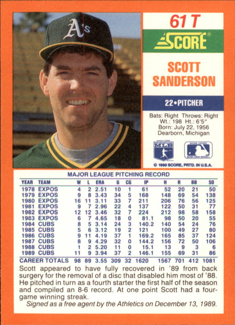 1990 Score Rookie/Traded #61T Scott Sanderson back image
