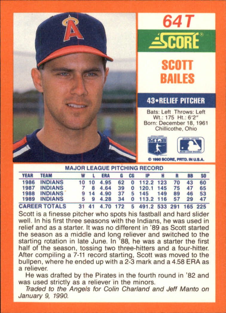1990 Score Rookie/Traded #64T Scott Bailes back image