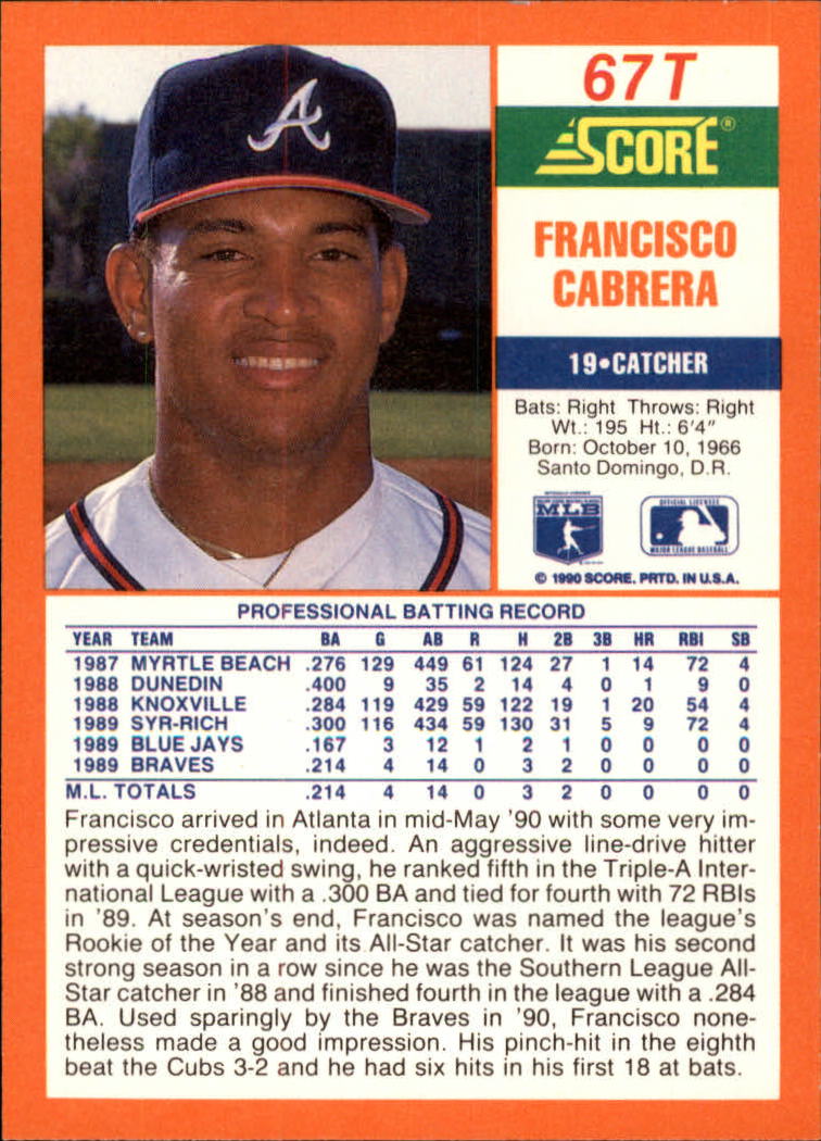 1990 Score Rookie/Traded #67T Francisco Cabrera back image