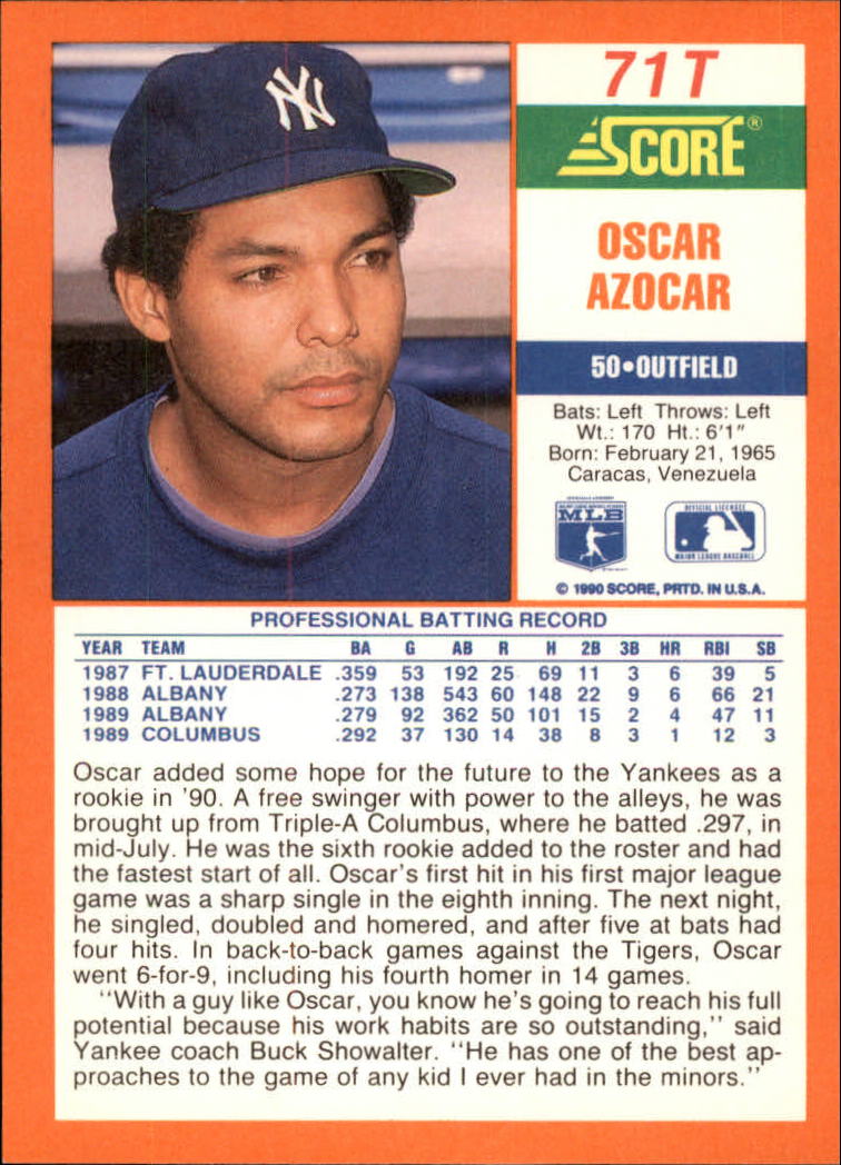 1990 Score Rookie/Traded #71T Oscar Azocar RC back image