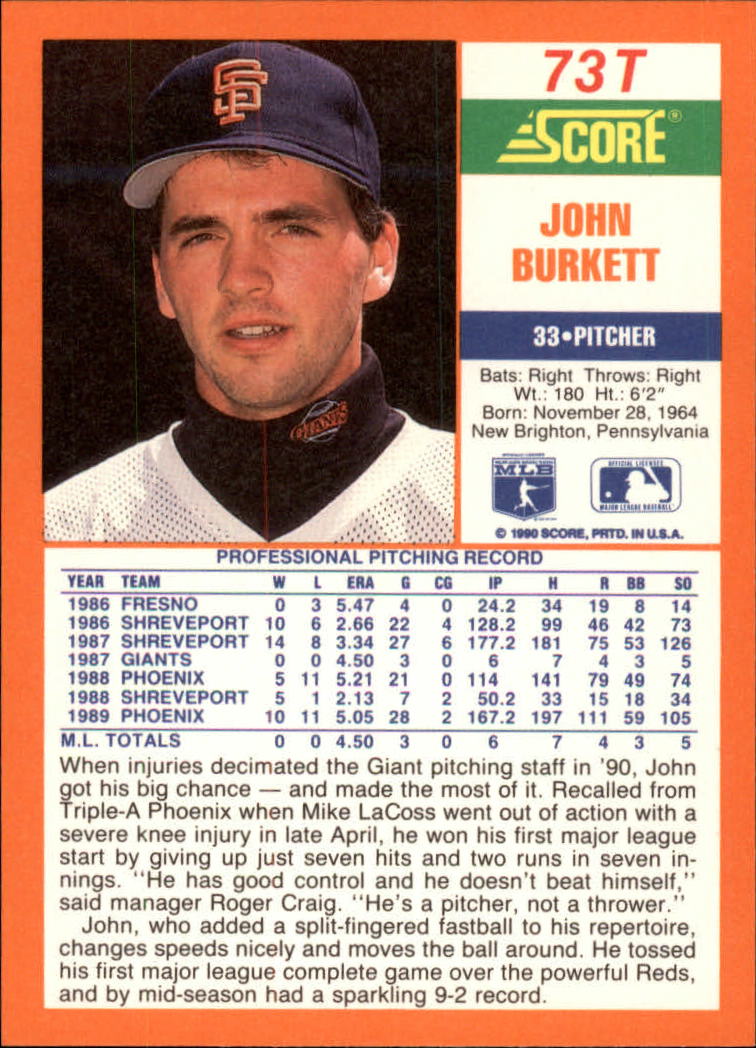 1990 Score Rookie/Traded #73T John Burkett back image