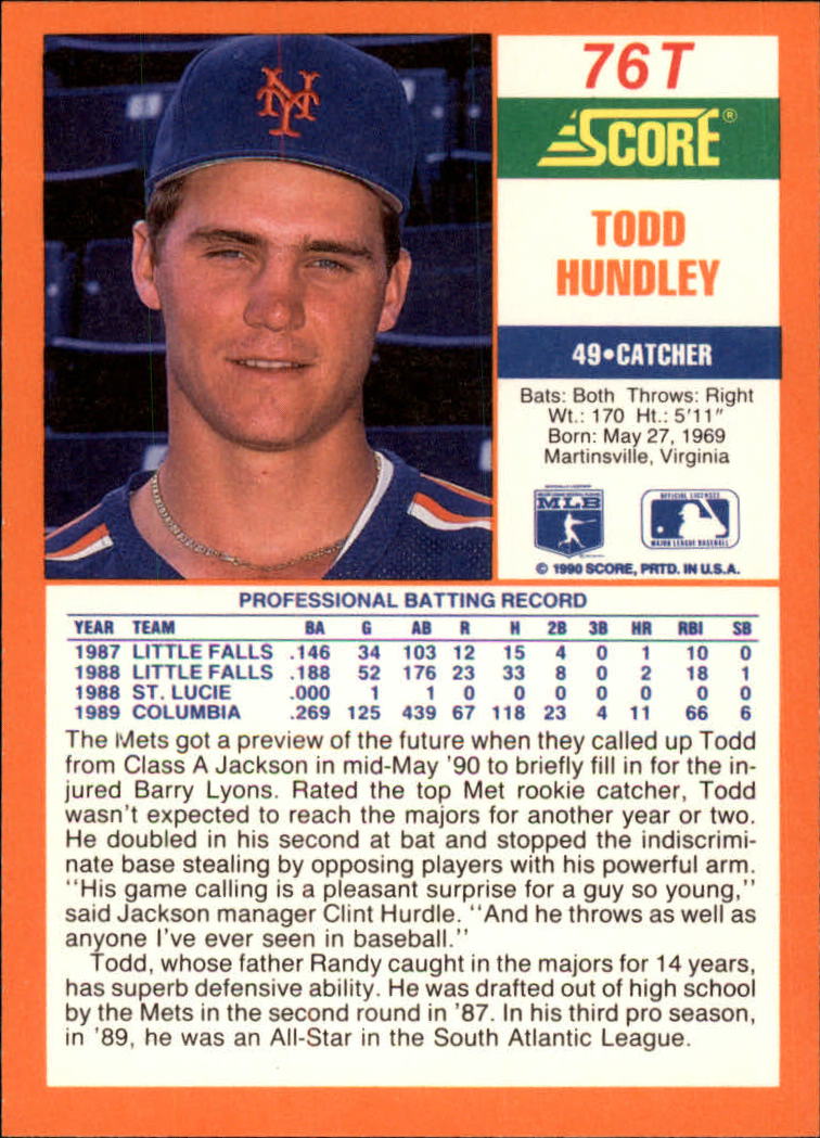 1990 Score Rookie/Traded #76T Todd Hundley RC back image
