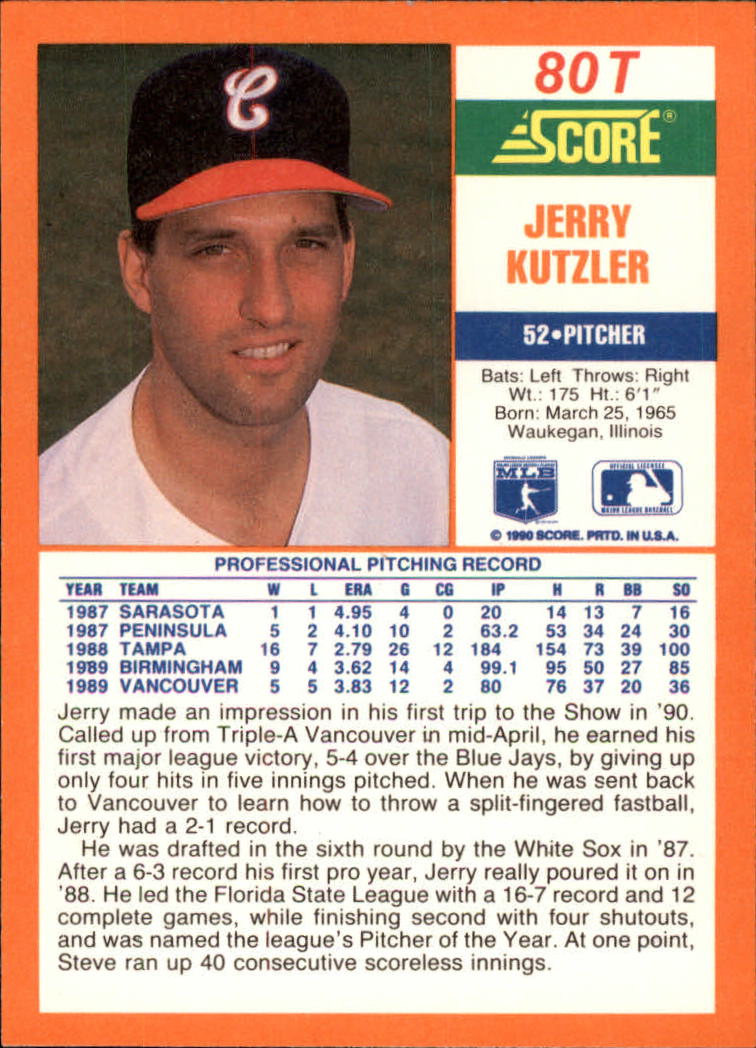 1990 Score Rookie/Traded #80T Jerry Kutzler RC back image