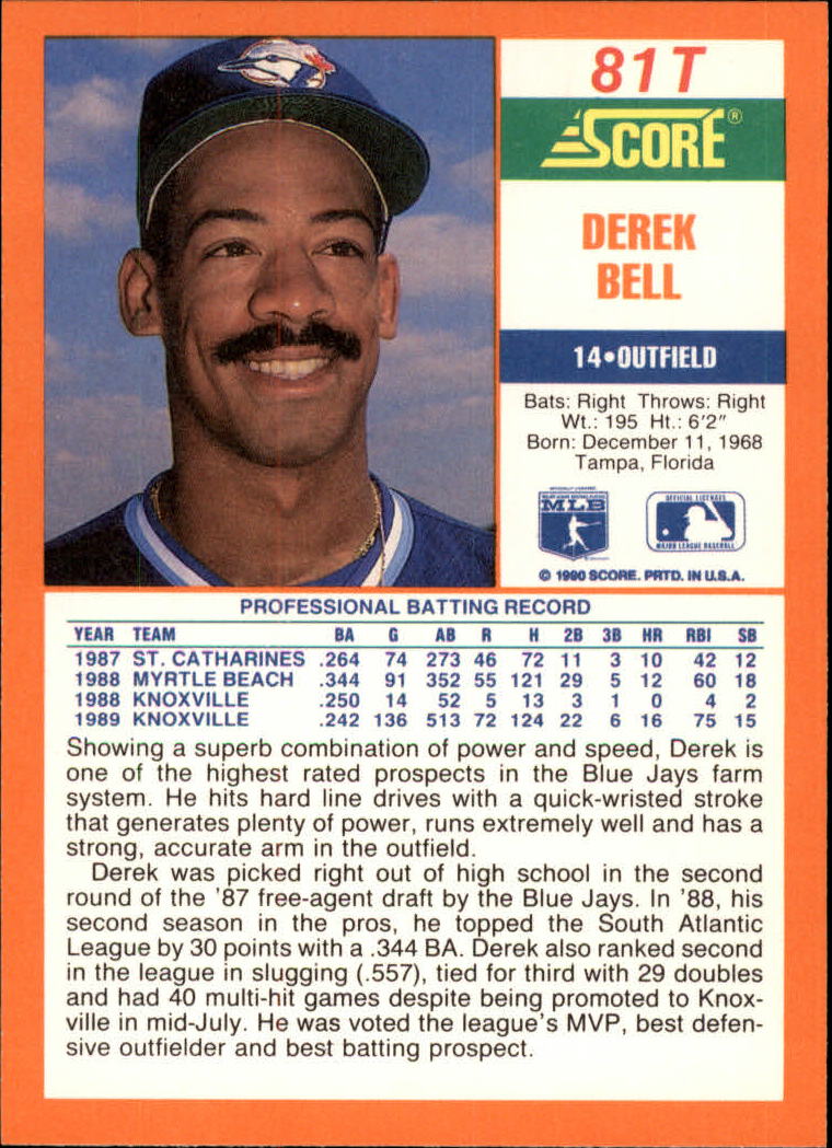 1990 Score Rookie/Traded #81T Derek Bell RC back image