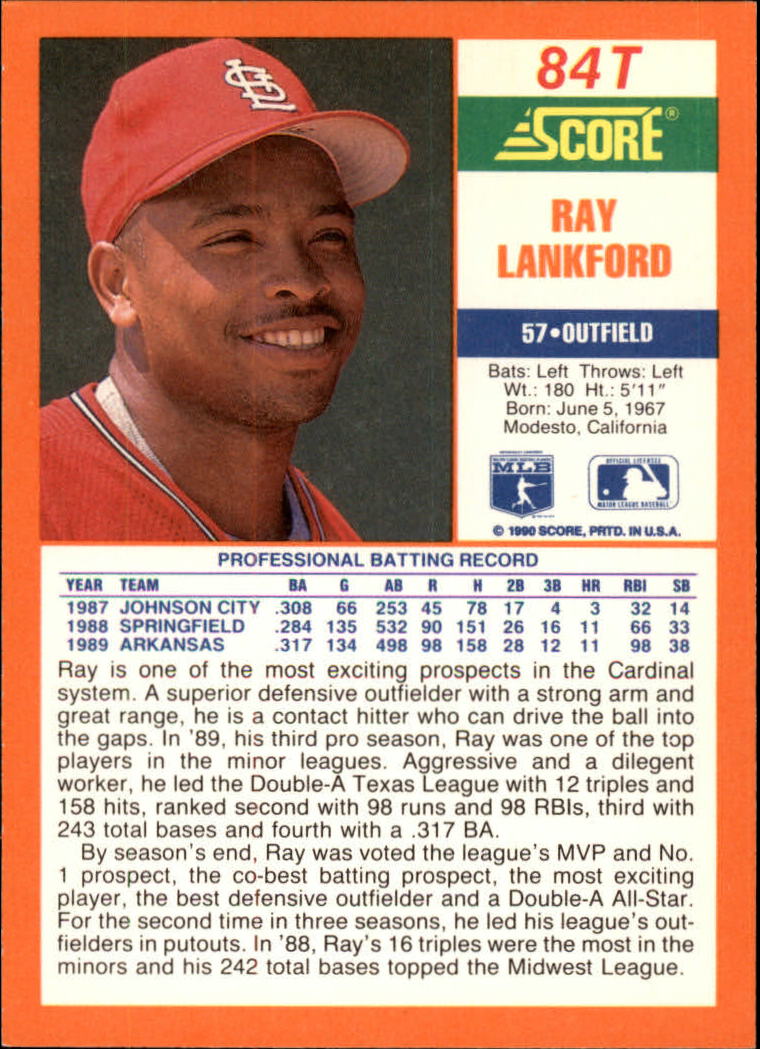 1990 Score Rookie/Traded #84T Ray Lankford RC back image