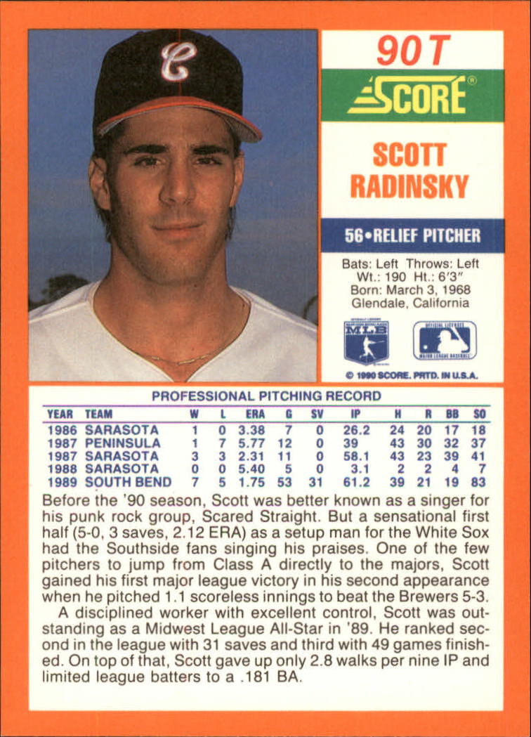 1990 Score Rookie/Traded #90T Scott Radinsky RC back image
