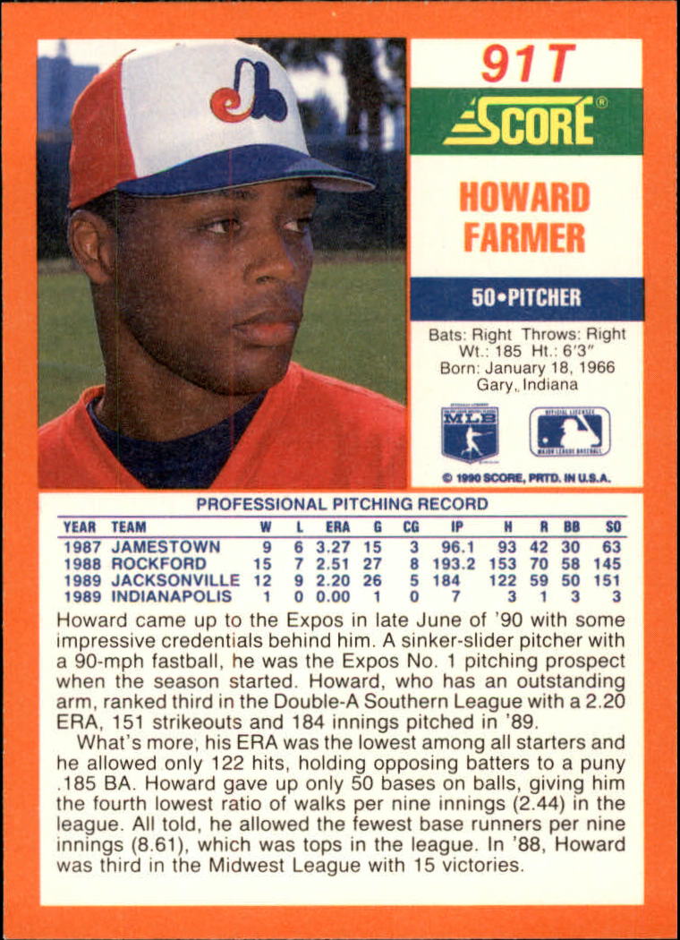 1990 Score Rookie/Traded #91T Howard Farmer back image