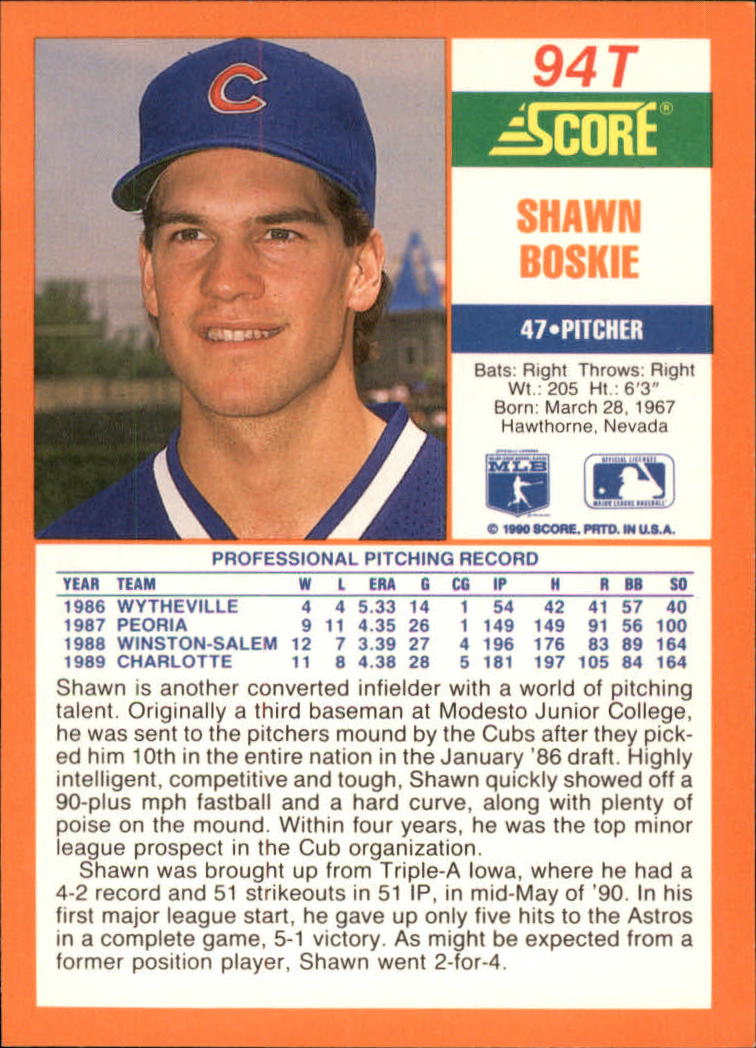 1990 Score Rookie/Traded #94T Shawn Boskie RC back image